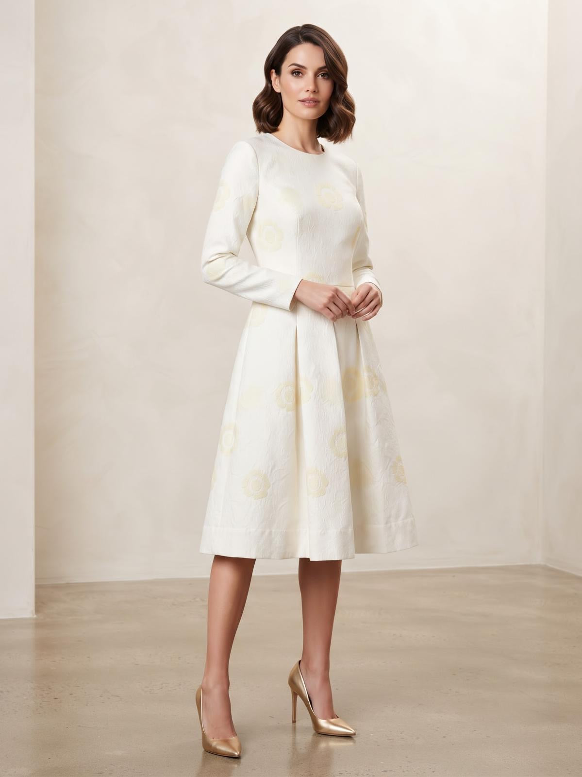 Miss Finch NYC Ivory Floral Jacquard Pleated Midi Dress