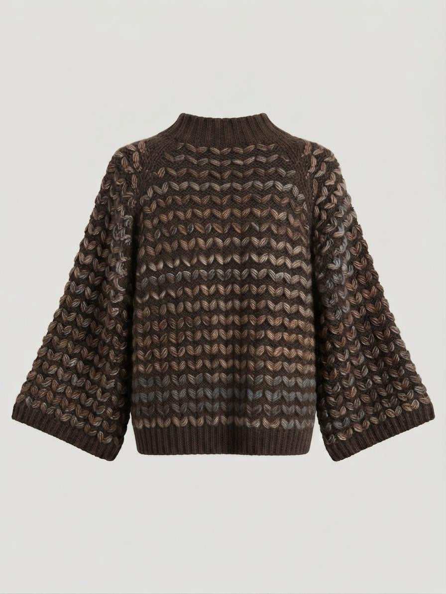 Italian Wool Blend Textured Knit Sweater – Dark Brown Mud Chevron Oversized Pullover