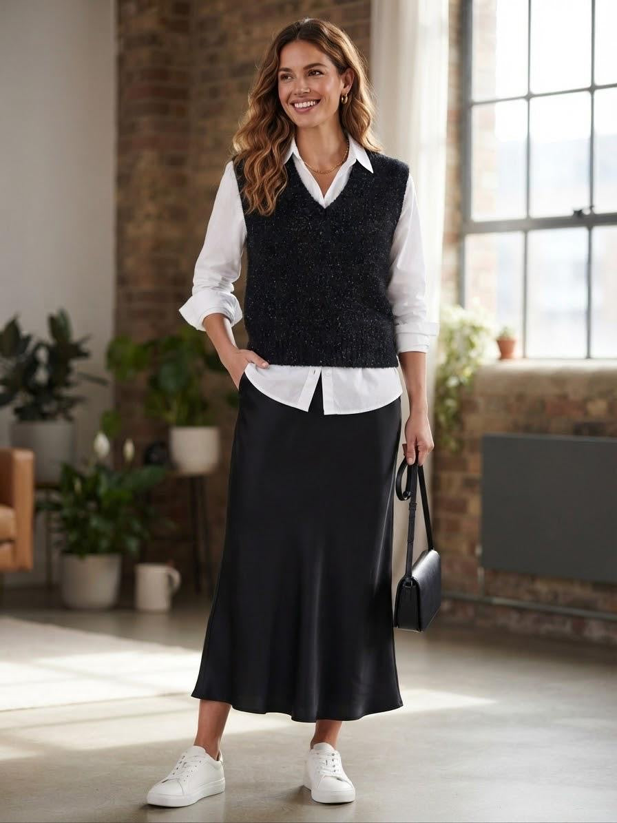 Made in Italy Knit Sweater Vest | Black Metallic Silver Shimmer V-Neck Tank
