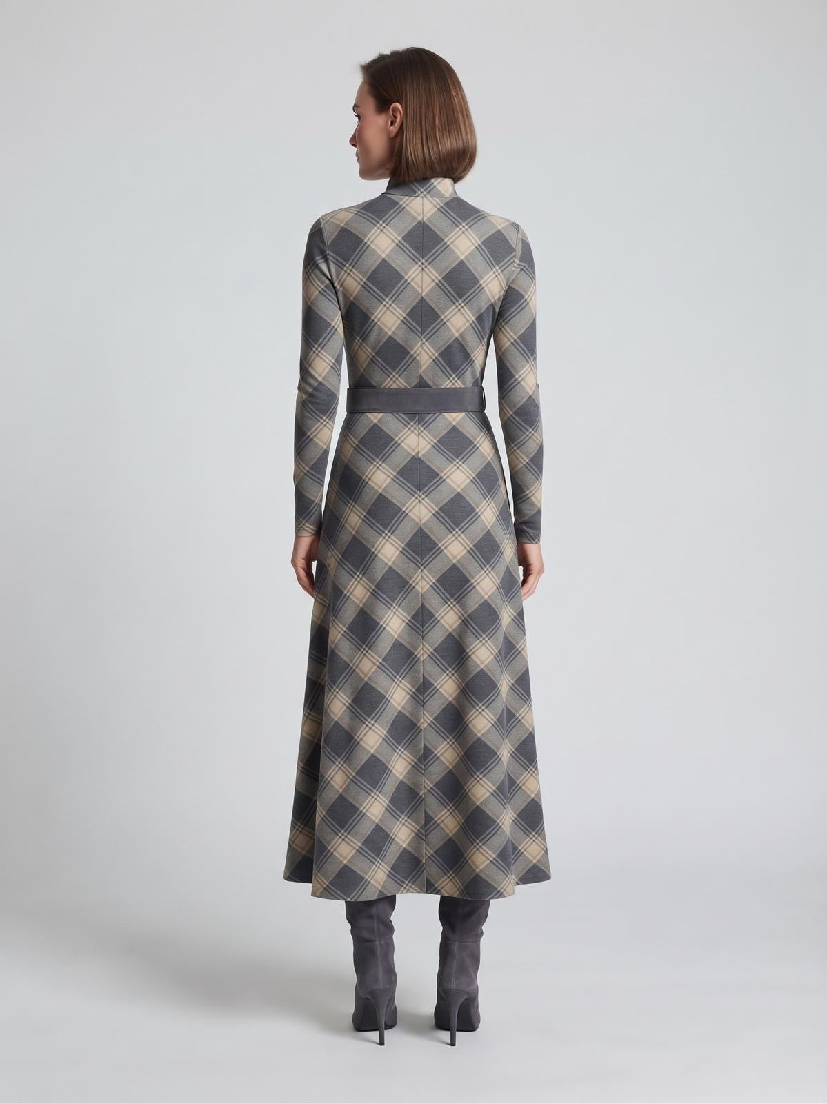 Miss Finch NYC Mock Neck Diagonal Plaid Midi Dress