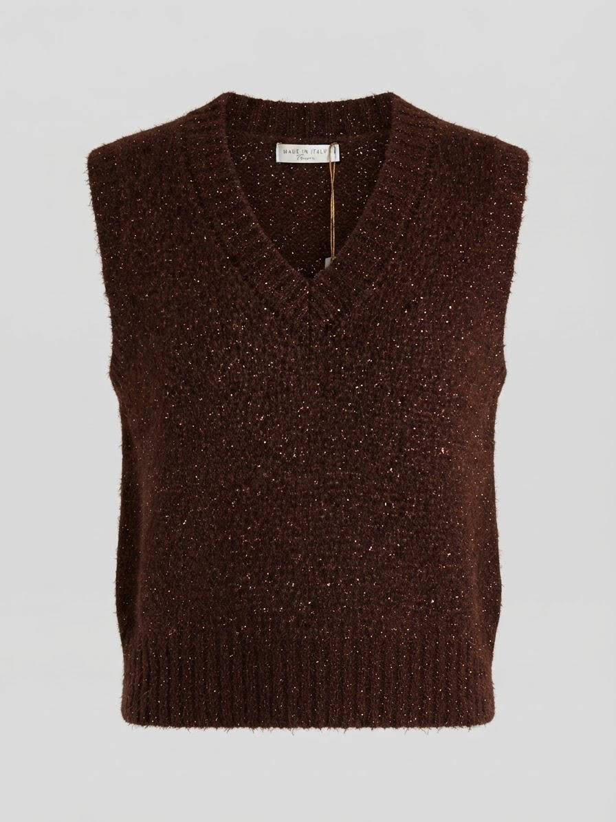 Made in Italy Knit Sweater Vest | Dark Brown Metallic Shimmer V-Neck Tank