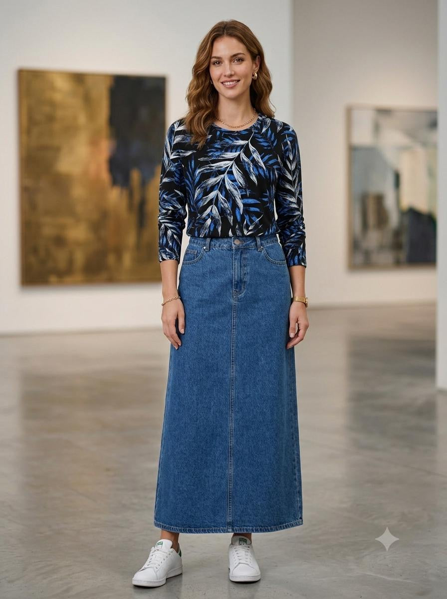 Royal Cobalt Botanical Leaf Viscose Knit Top