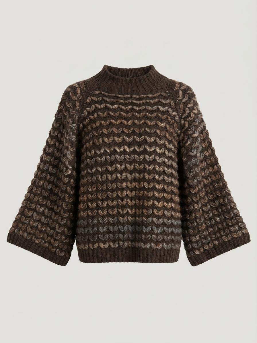 Italian Wool Blend Textured Knit Sweater – Dark Brown Mud Chevron Oversized Pullover