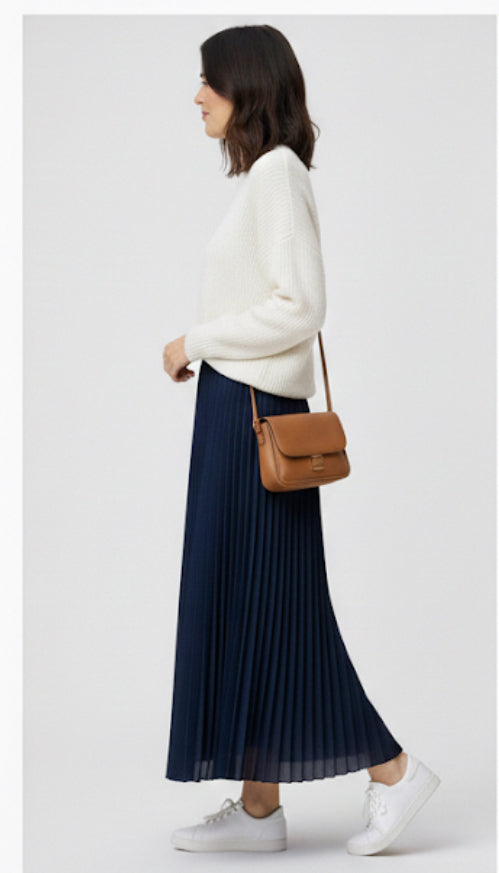 Navy Pleated Lightweight Solid Skirt