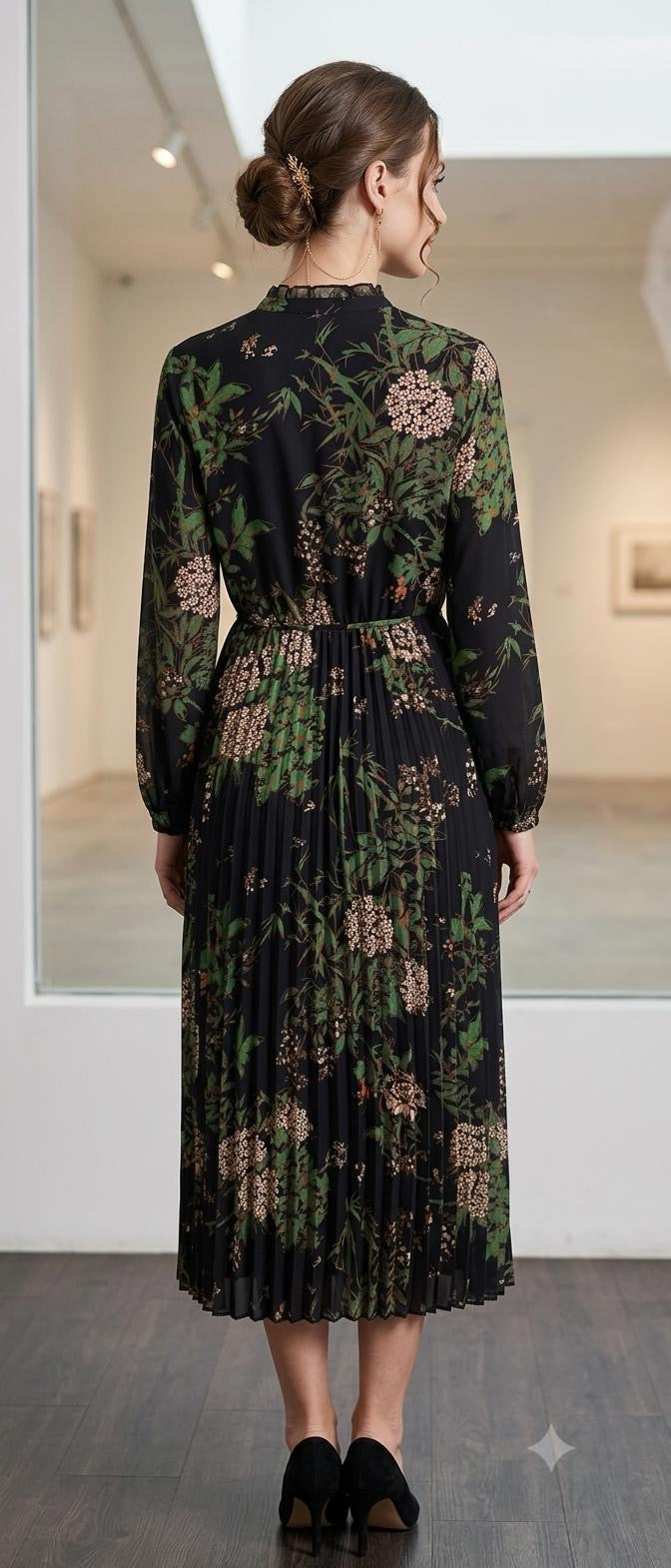 Elegant Dark Floral Chiffon Dress with Pleated Skirt