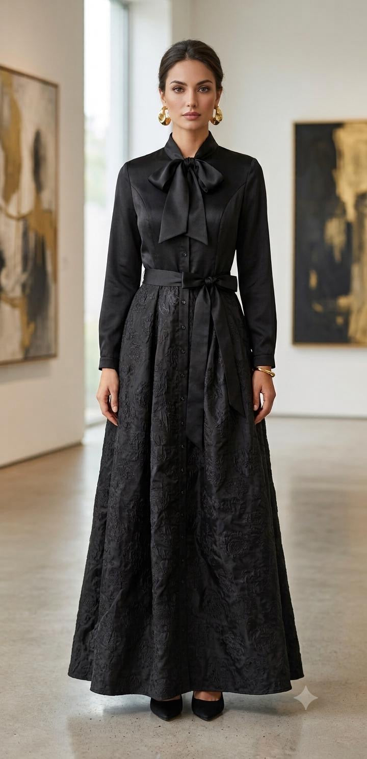 Elegant Black Bow-Neck Maxi Gown with Tie Waist