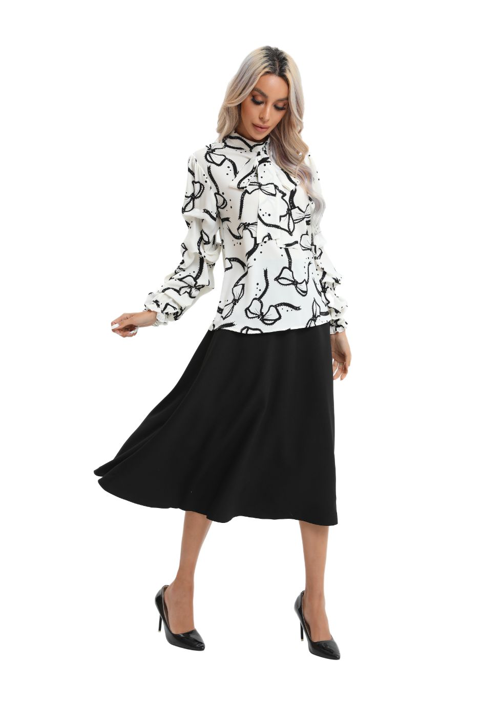 Tiered Balloon Blouse with Front Tie - MissFinchNYC