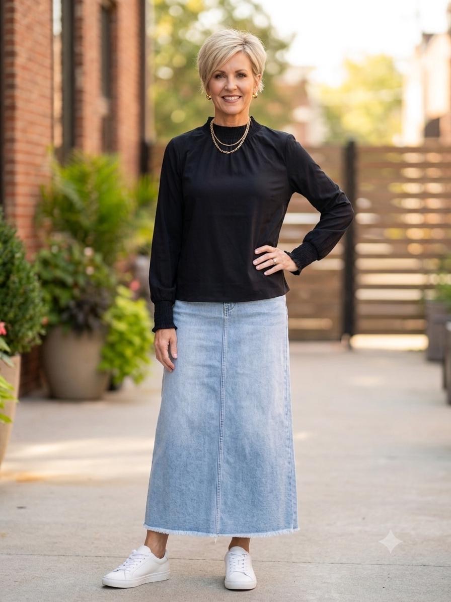 Black Long-Sleeve Top with Smocked Neck & Cuffs
