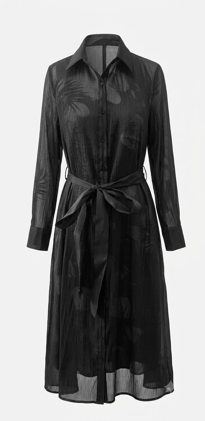 Black Chiffon Organza Layered Midi Shirt Dress