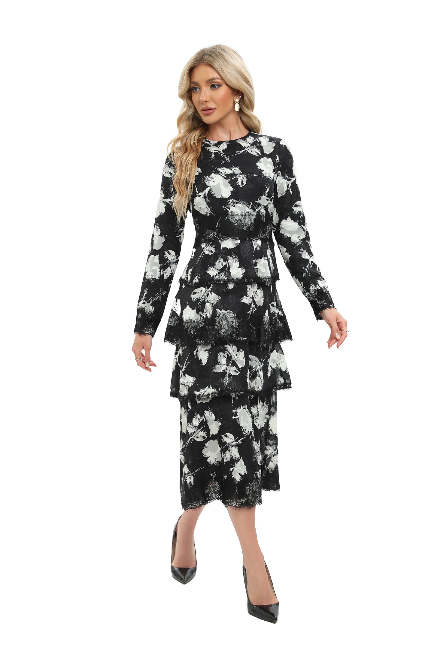 Monochrome Print Lace Detail Midi Dress