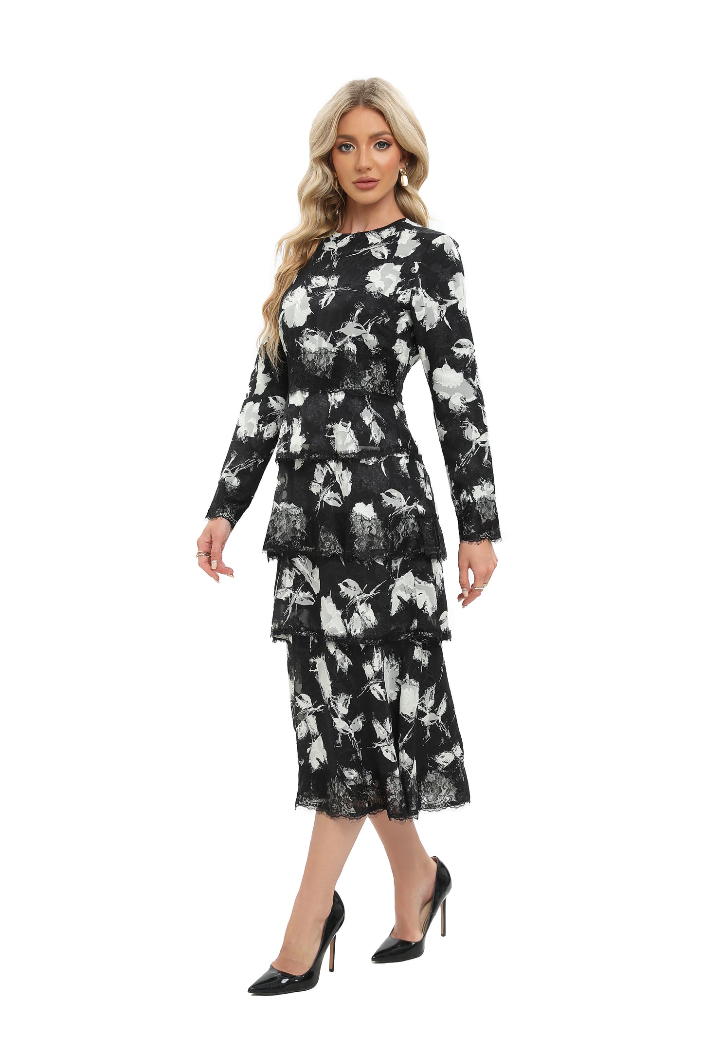 Monochrome Print Lace Detail Midi Dress