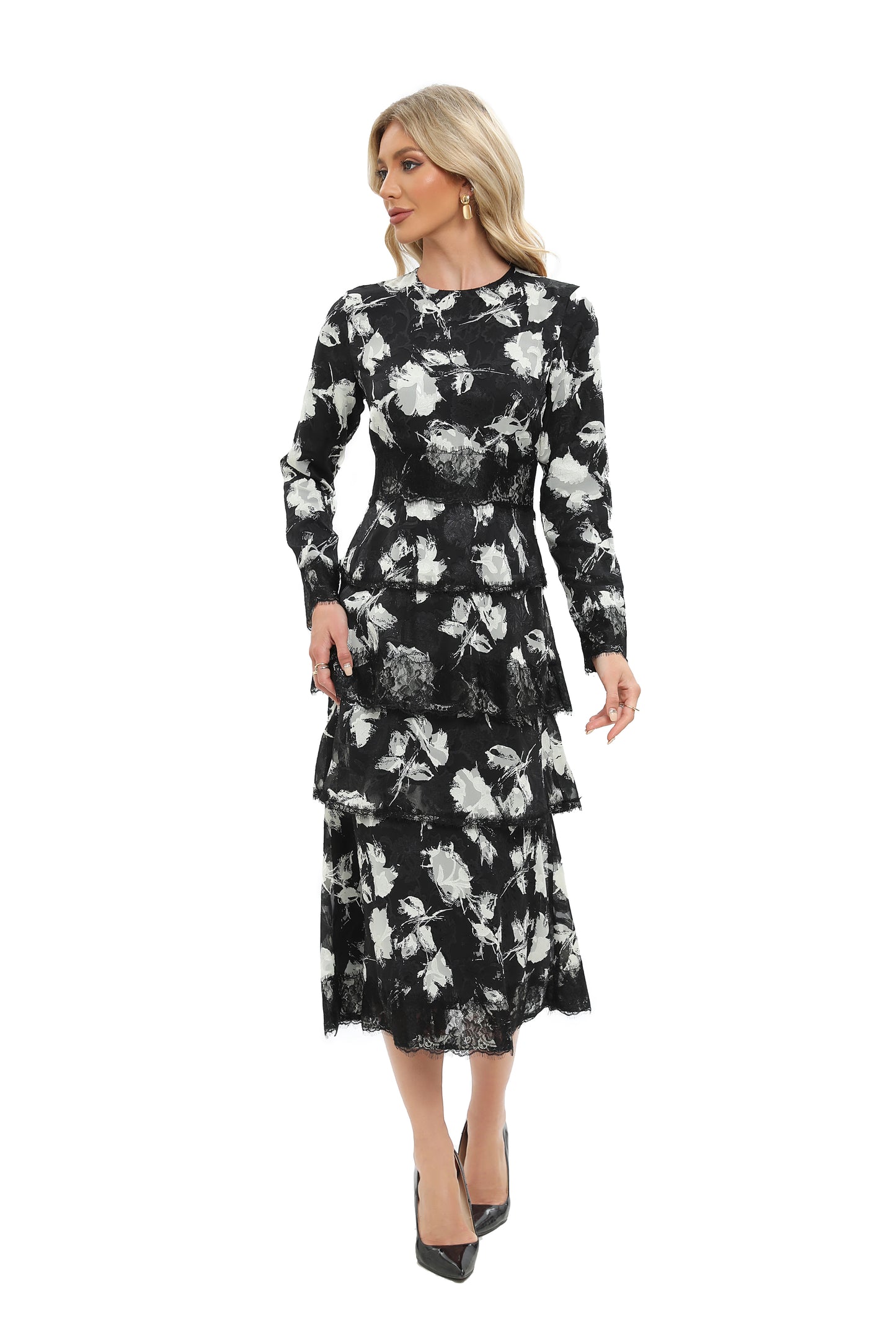 Monochrome Print Lace Detail Midi Dress