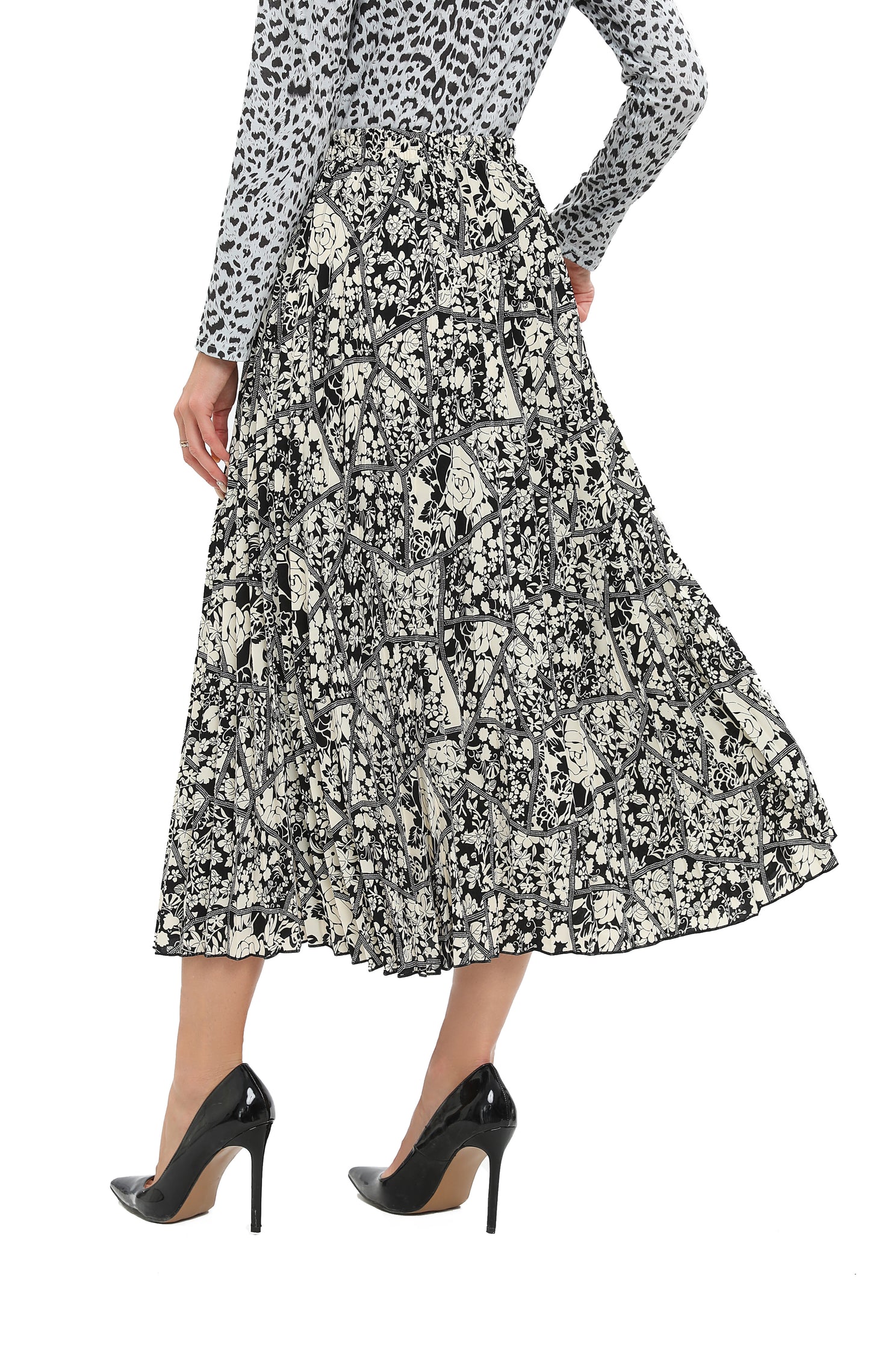 Monochrome Print Midi Pleated Skirt