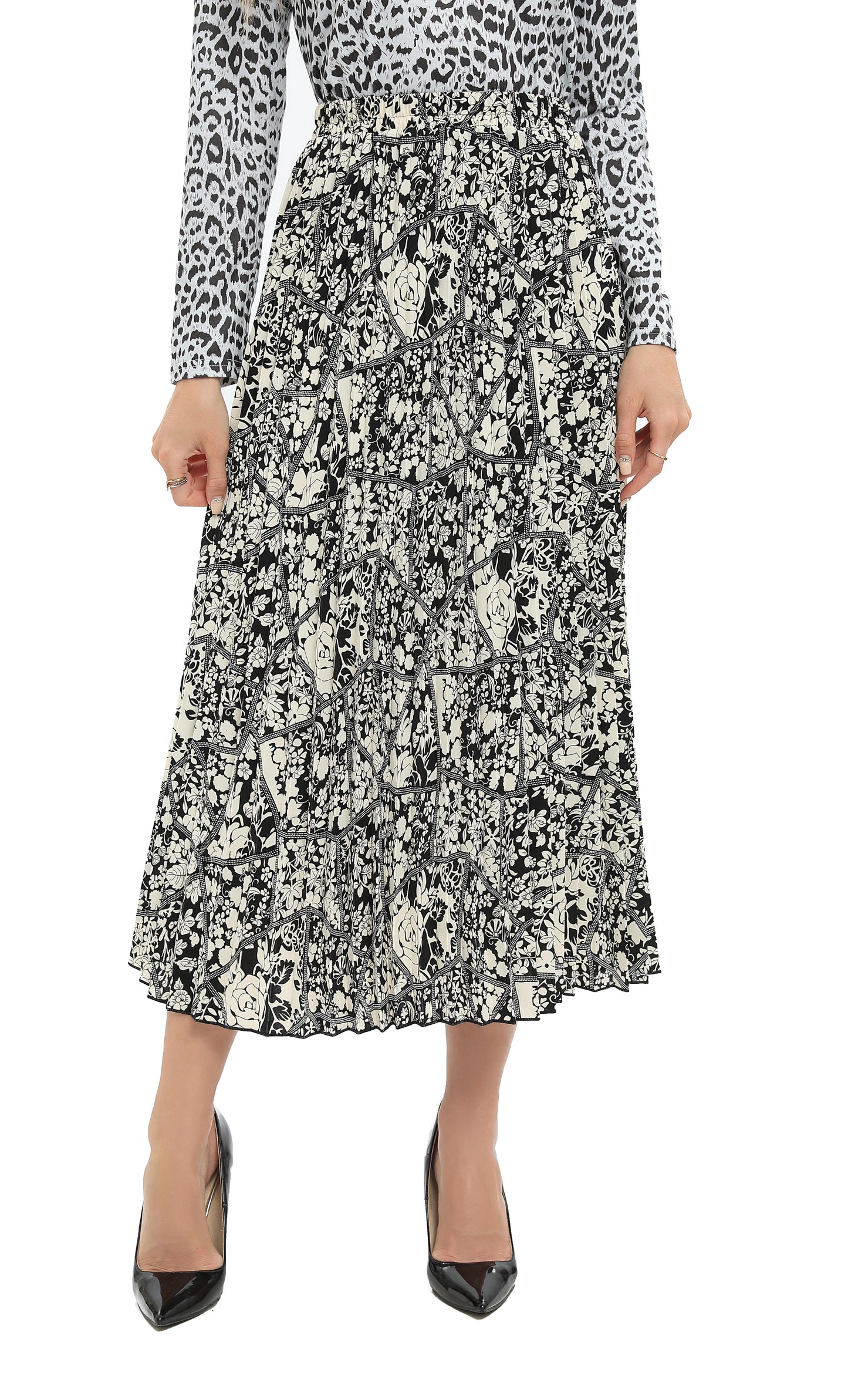 Monochrome Print Midi Pleated Skirt