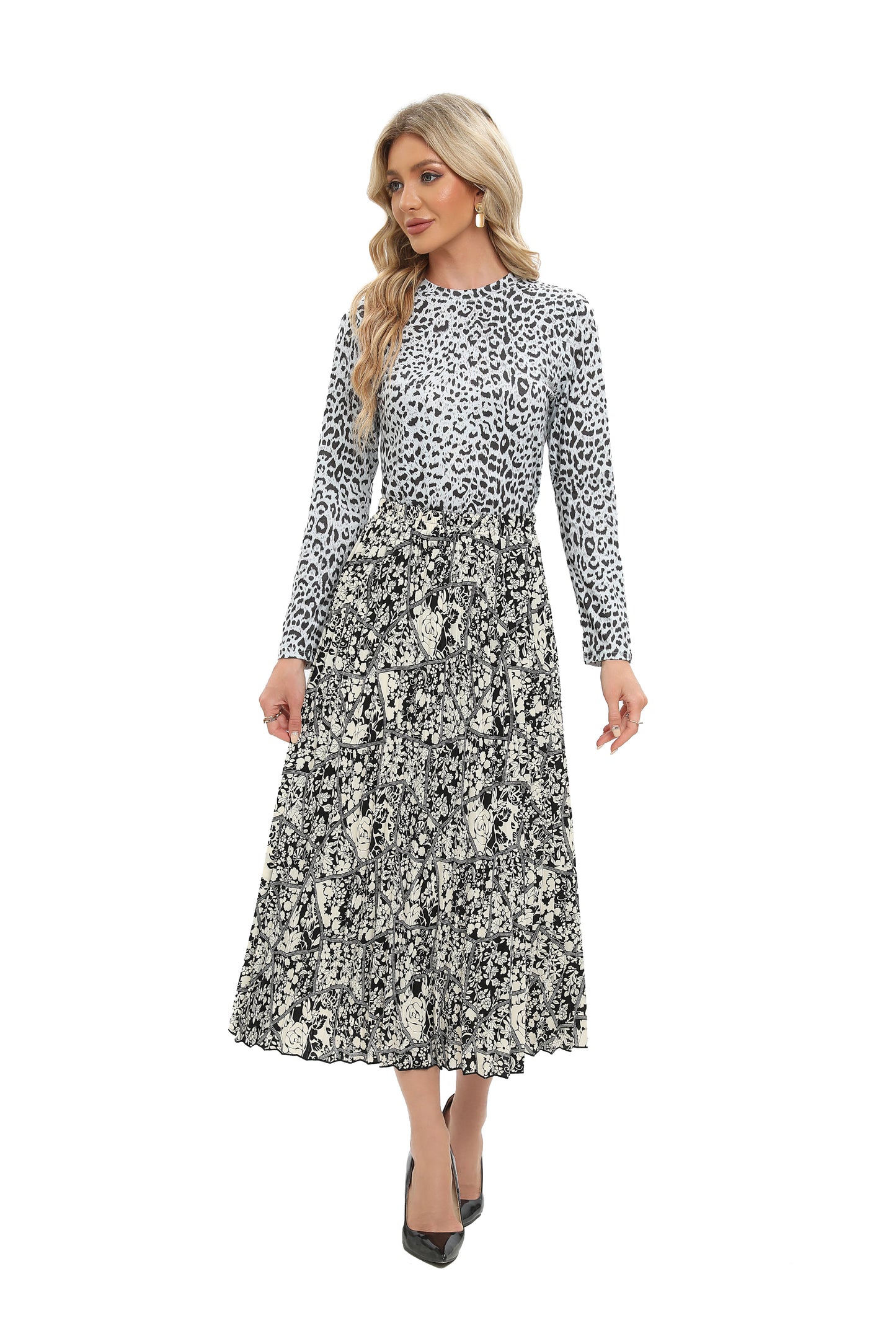 Monochrome Print Midi Pleated Skirt