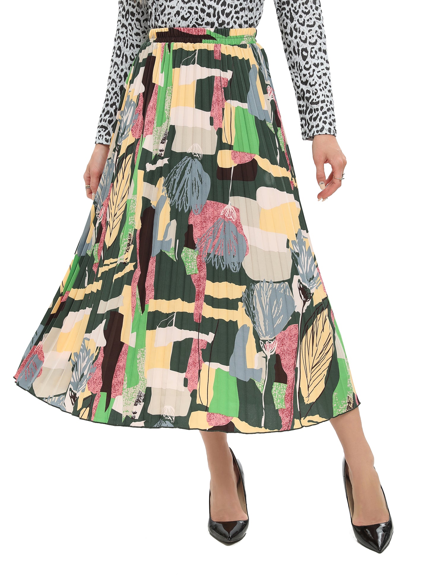 Colorful Print Midi Pleated Skirt