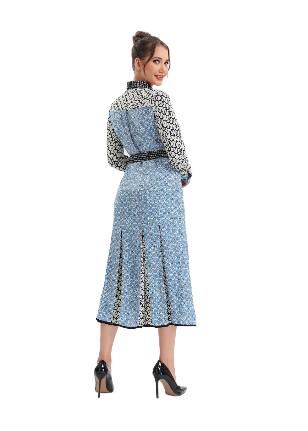 Sky Blue Pleated Midi Dress with Self Tie