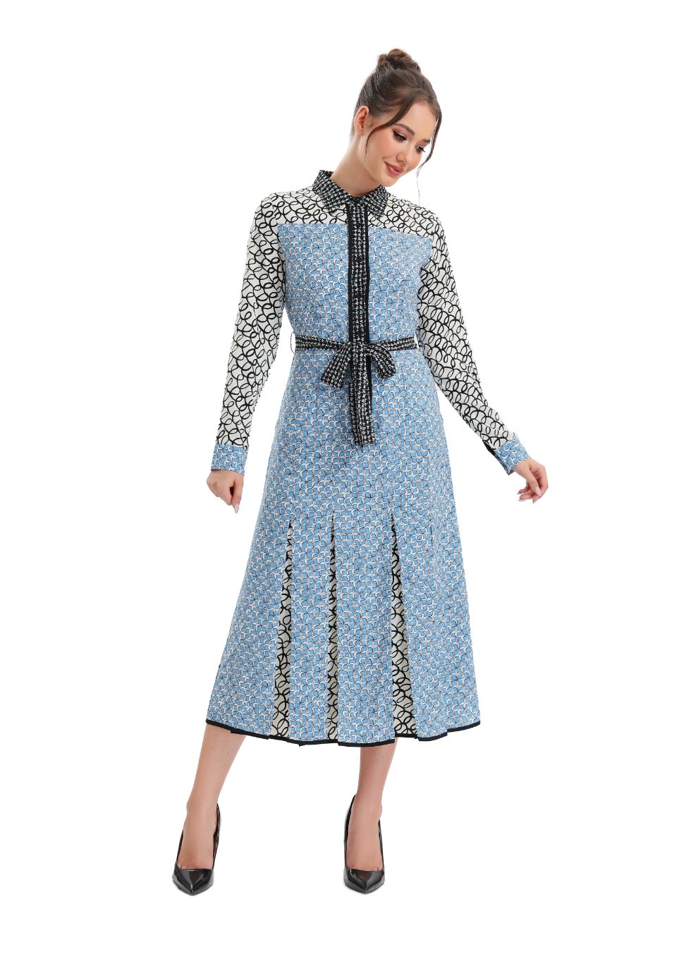 Sky Blue Pleated Midi Dress with Self Tie