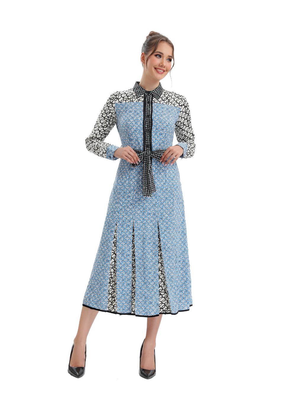 Sky Blue Pleated Midi Dress with Self Tie