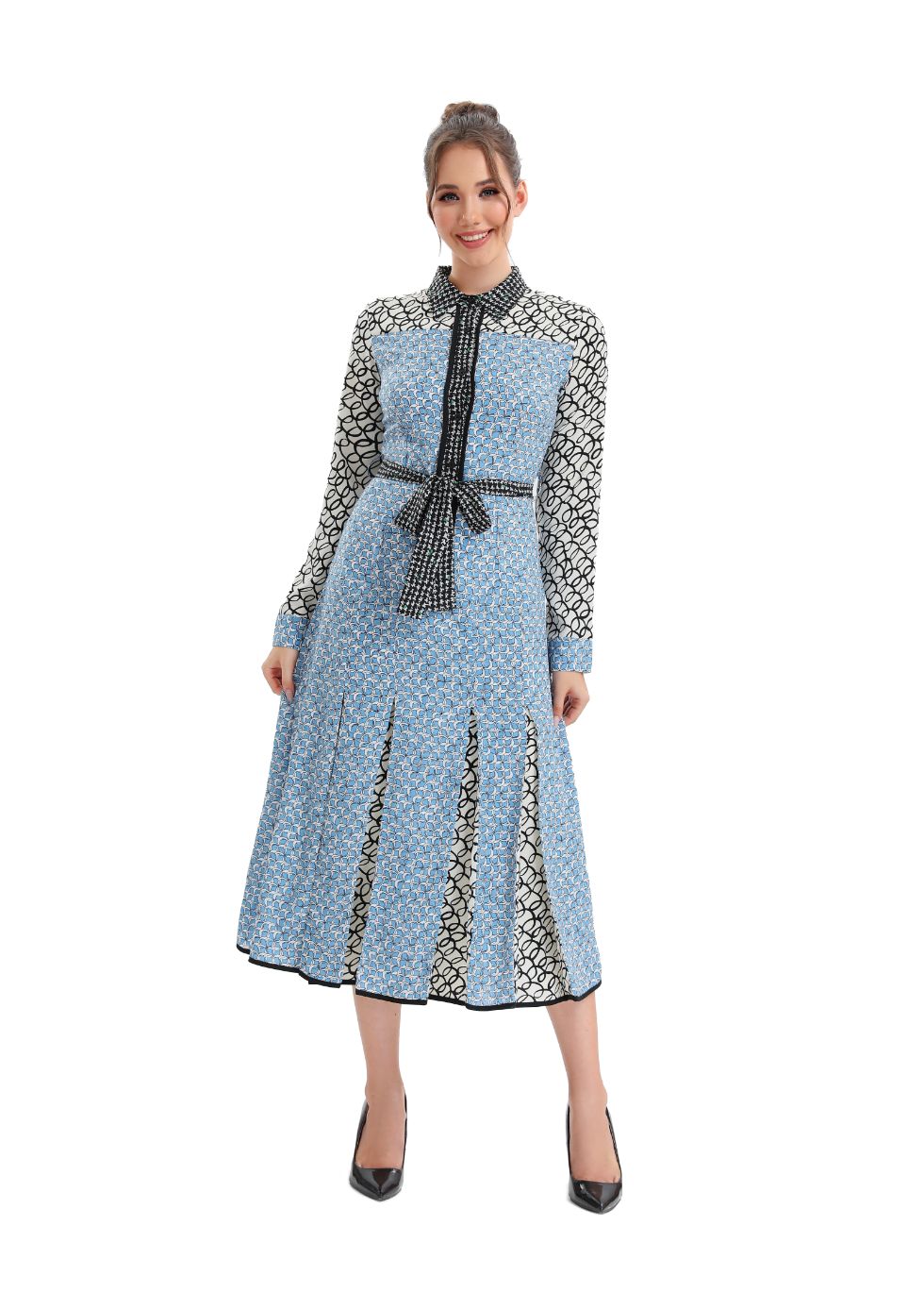 Sky Blue Pleated Midi Dress with Self Tie