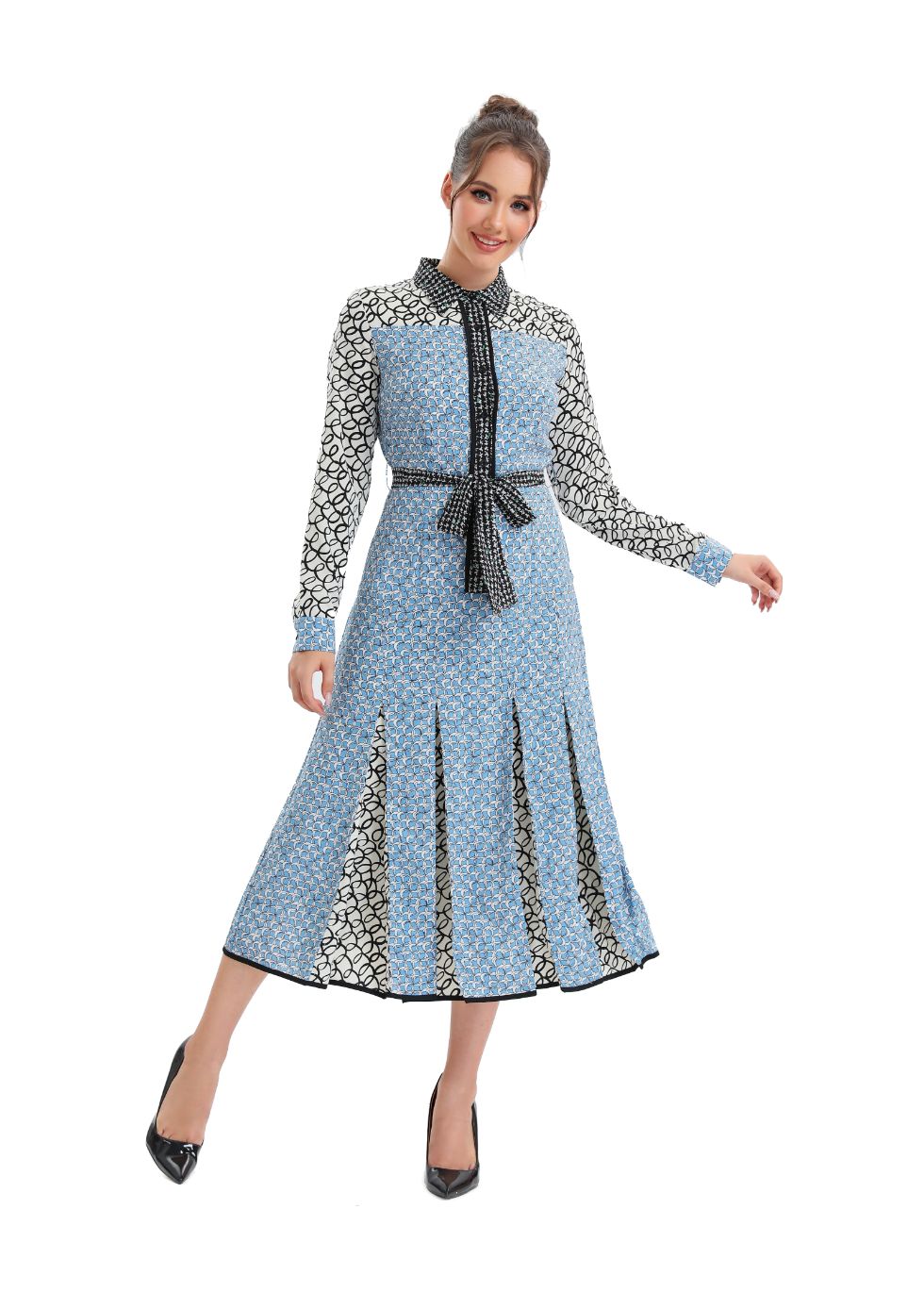 Sky Blue Pleated Midi Dress with Self Tie