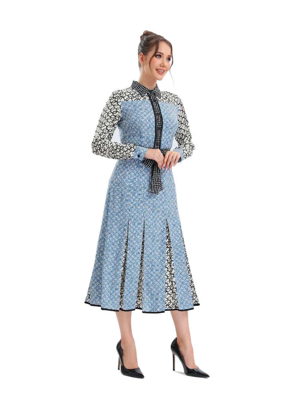 Sky Blue Pleated Midi Dress with Self Tie