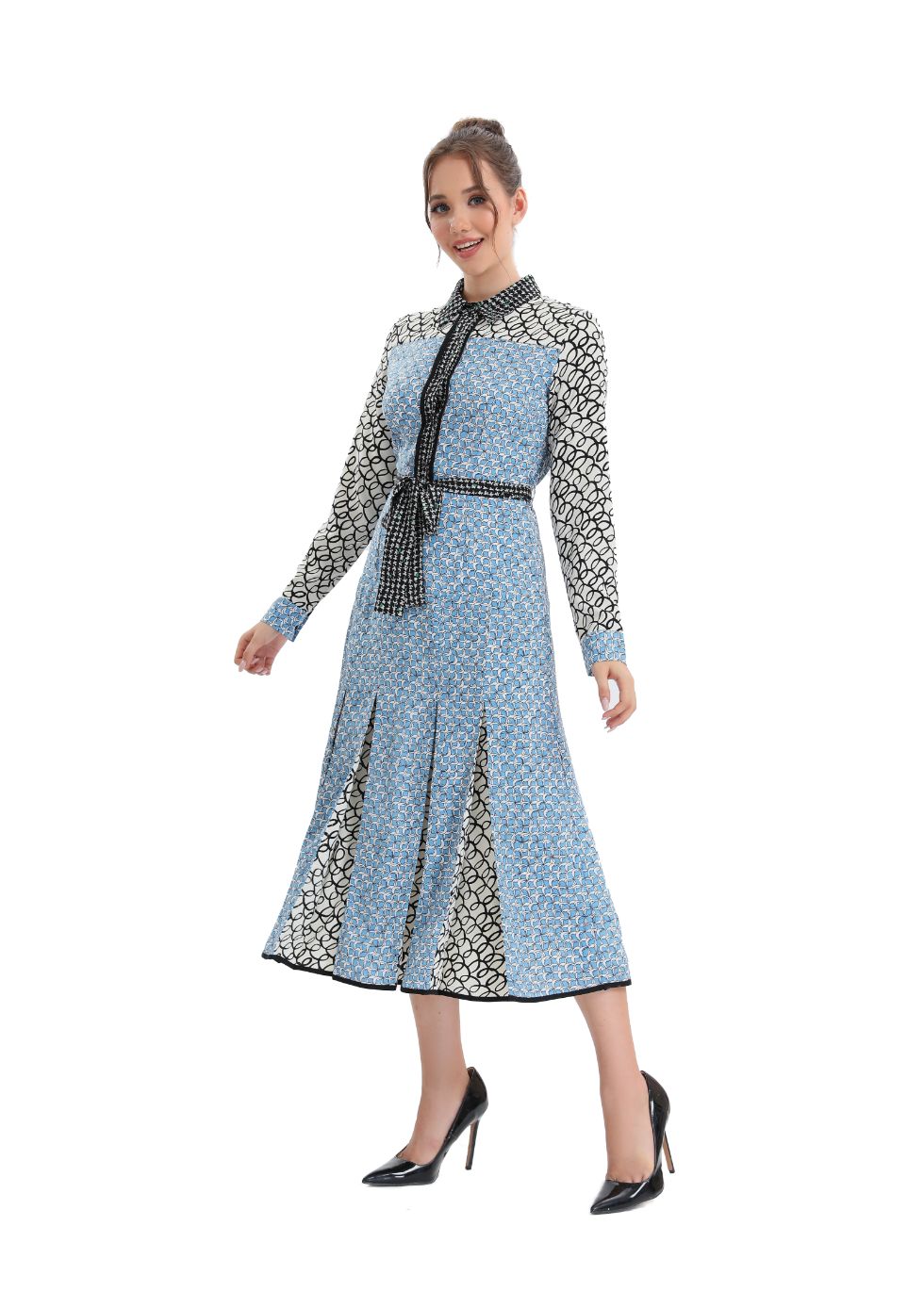 Sky Blue Pleated Midi Dress with Self Tie