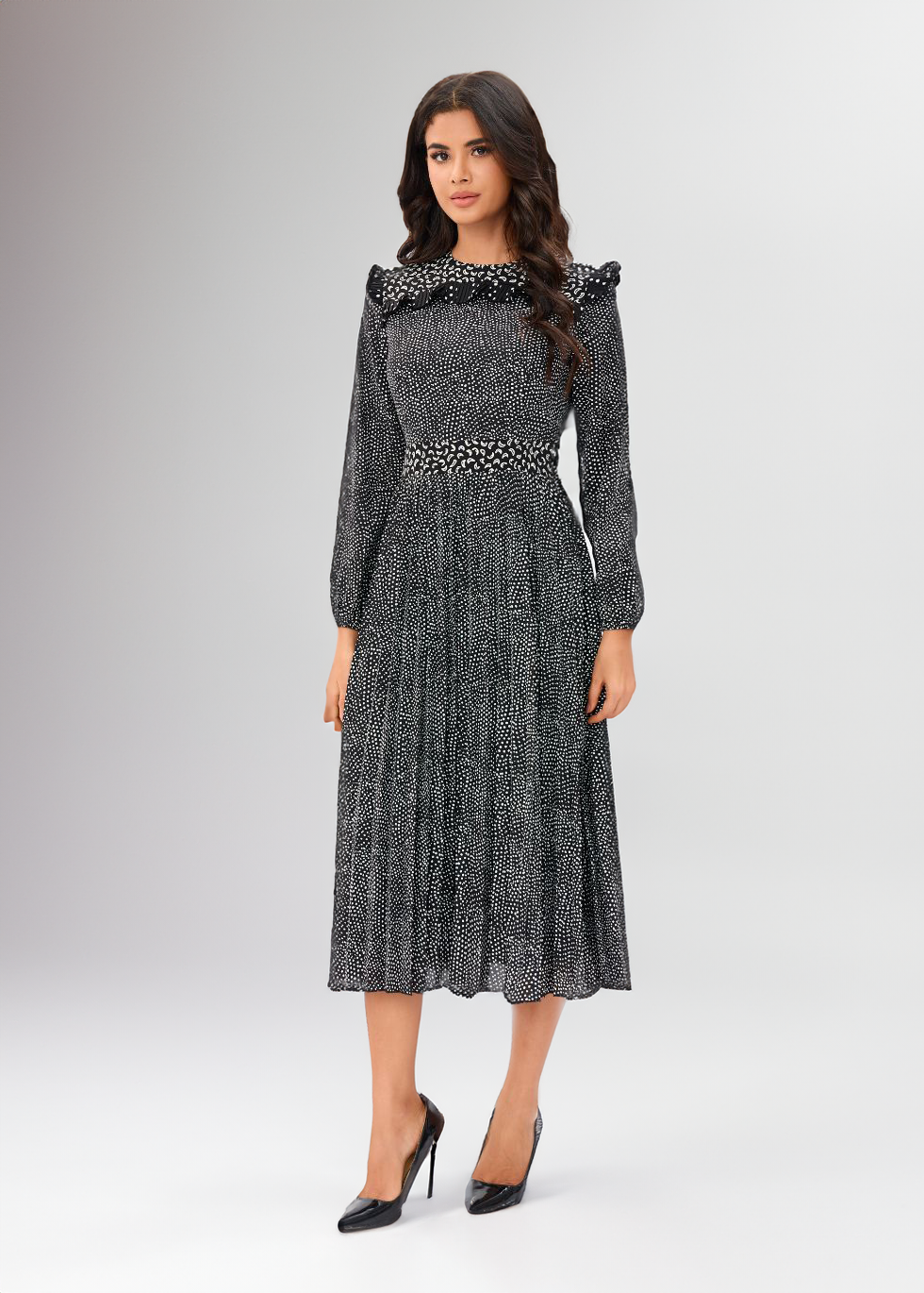 Charcoal Spotted Midi Dress - MissFinchNYC