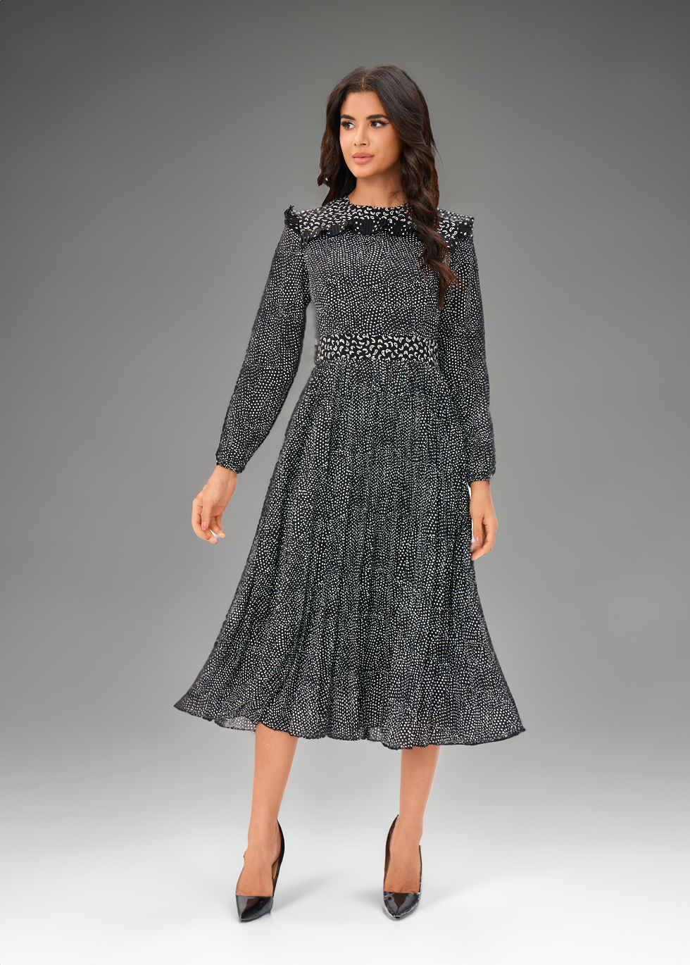 Charcoal Spotted Midi Dress - MissFinchNYC