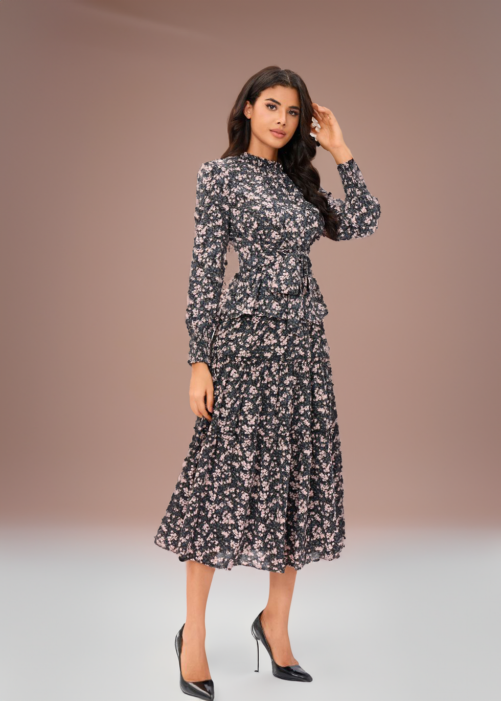 Rosy Elegance Two Piece Midi Dress Set