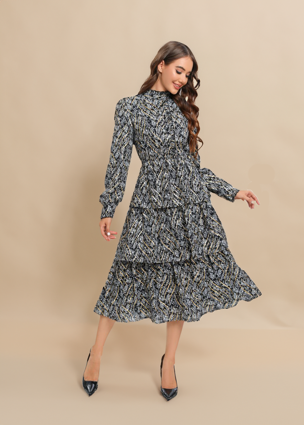 Tiered Gold Foliage Midi Dress