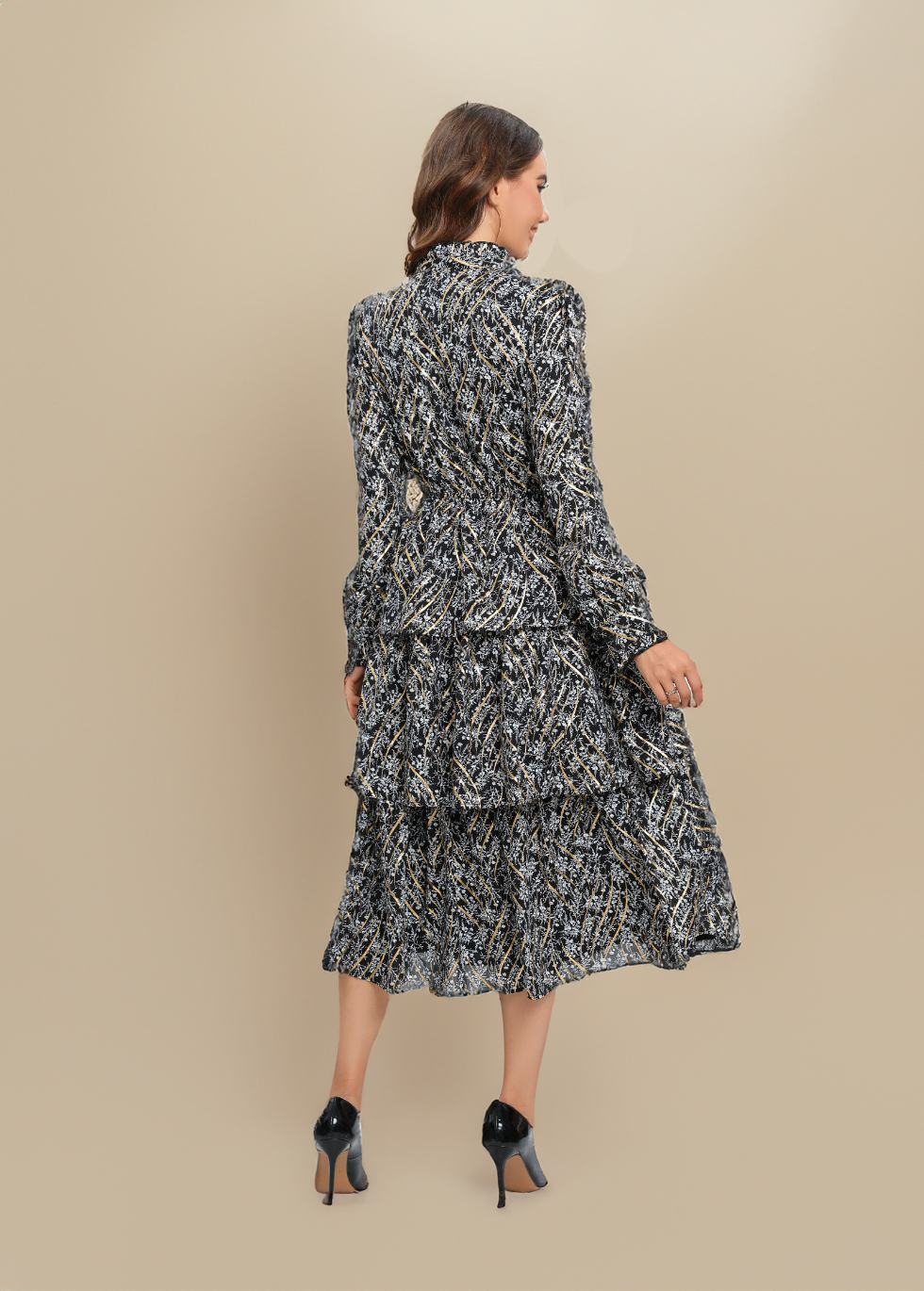 Tiered Gold Foliage Midi Dress