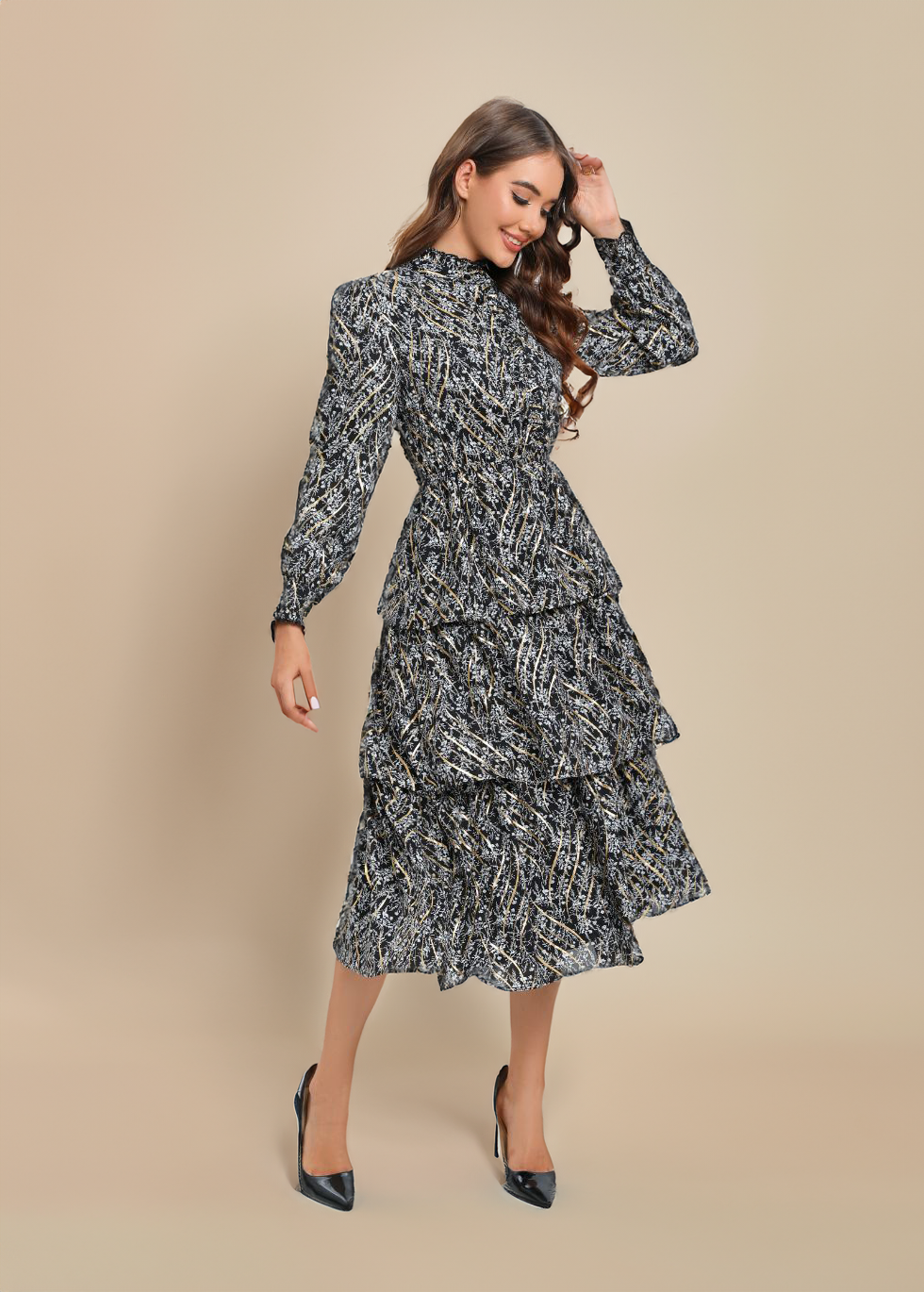 Tiered Gold Foliage Midi Dress