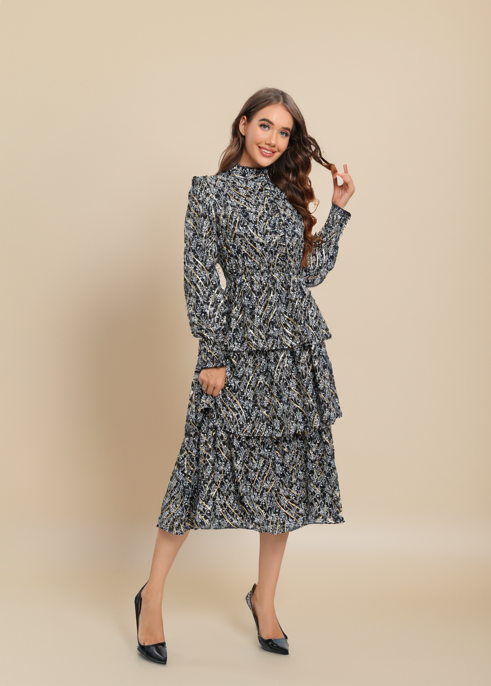 Tiered Gold Foliage Midi Dress