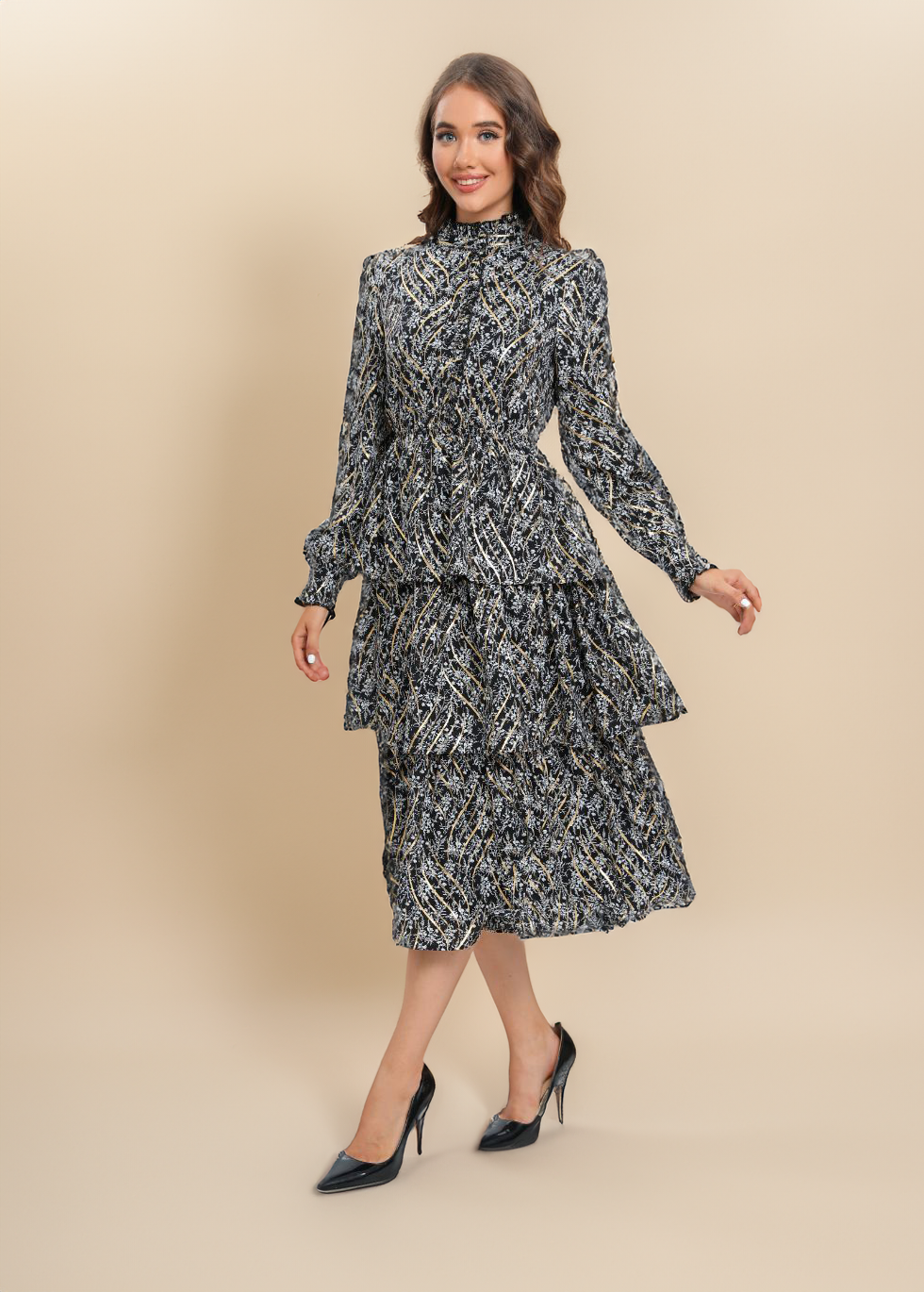 Tiered Gold Foliage Midi Dress