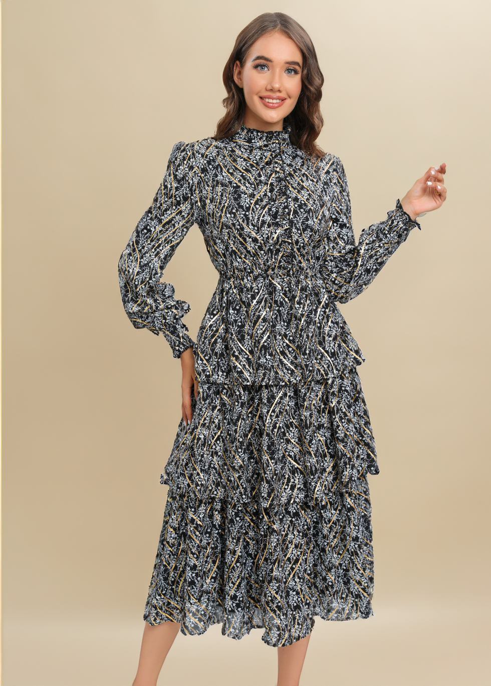 Tiered Gold Foliage Midi Dress