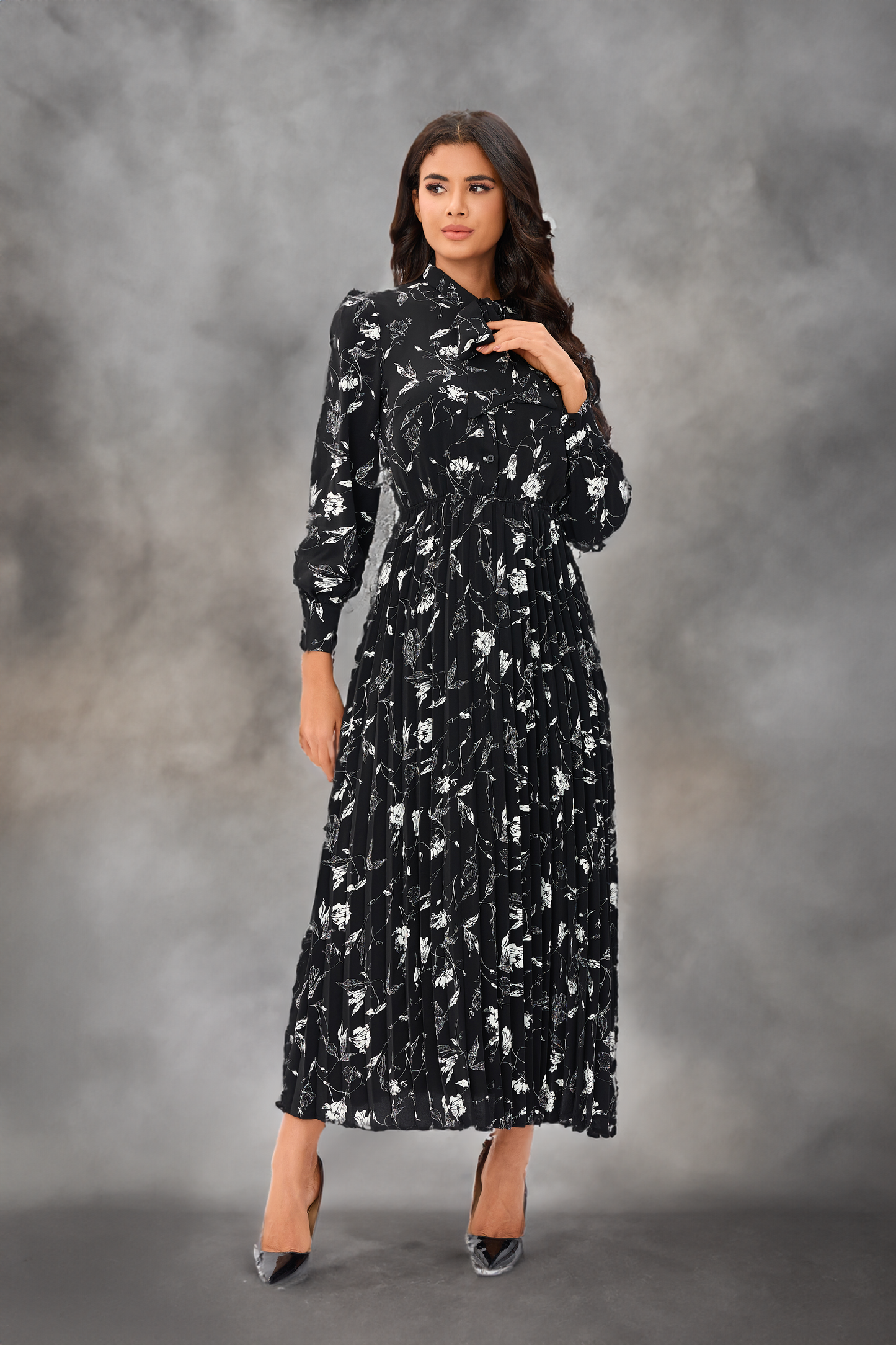 Black & White Floral Midi Dress