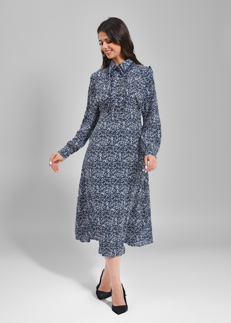 Midnight Polka Collared Midi Dress - MissFinchNYC
