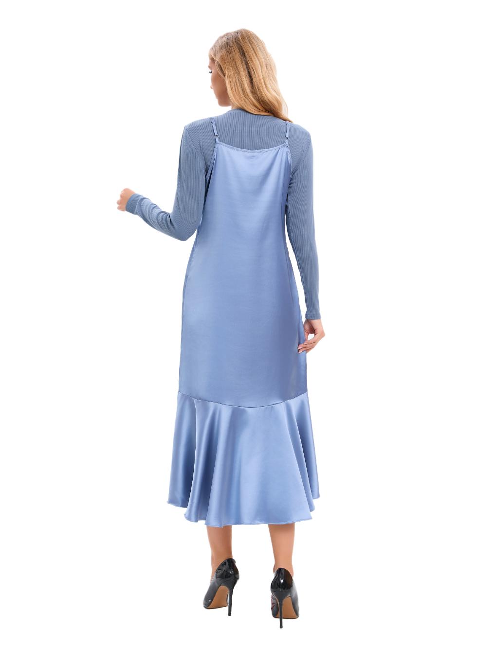 Satin Blue Midi Slip Dress with Top - MissFinchNYC