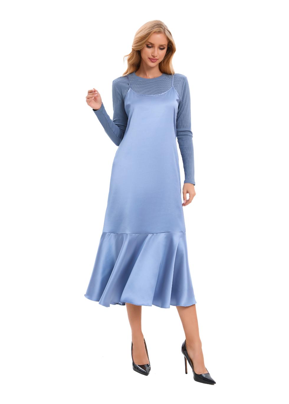 Satin Blue Midi Slip Dress with Top - MissFinchNYC