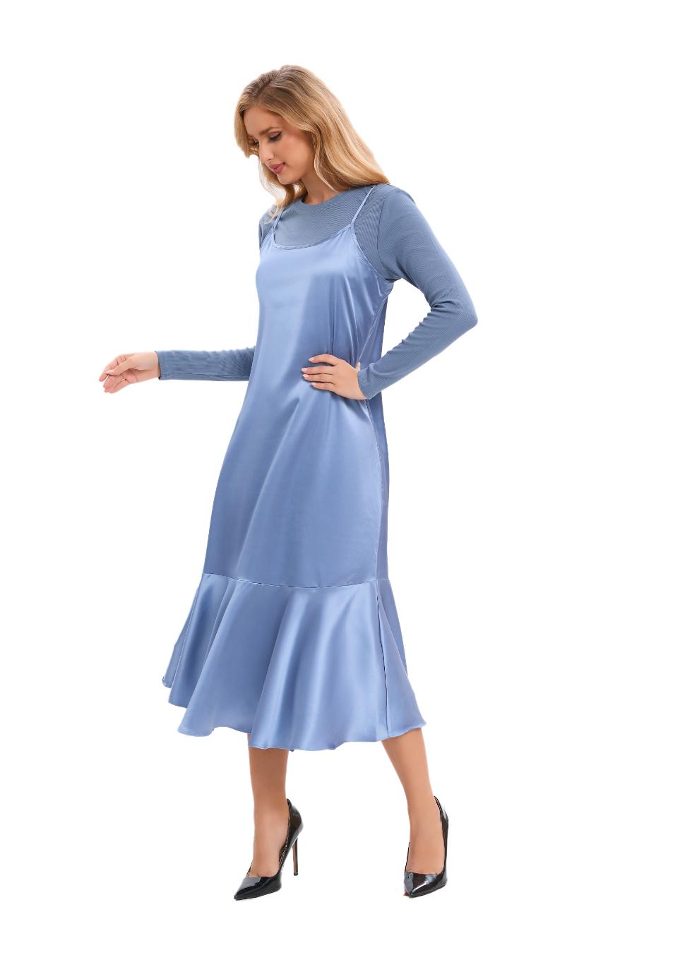 Satin Blue Midi Slip Dress with Top - MissFinchNYC