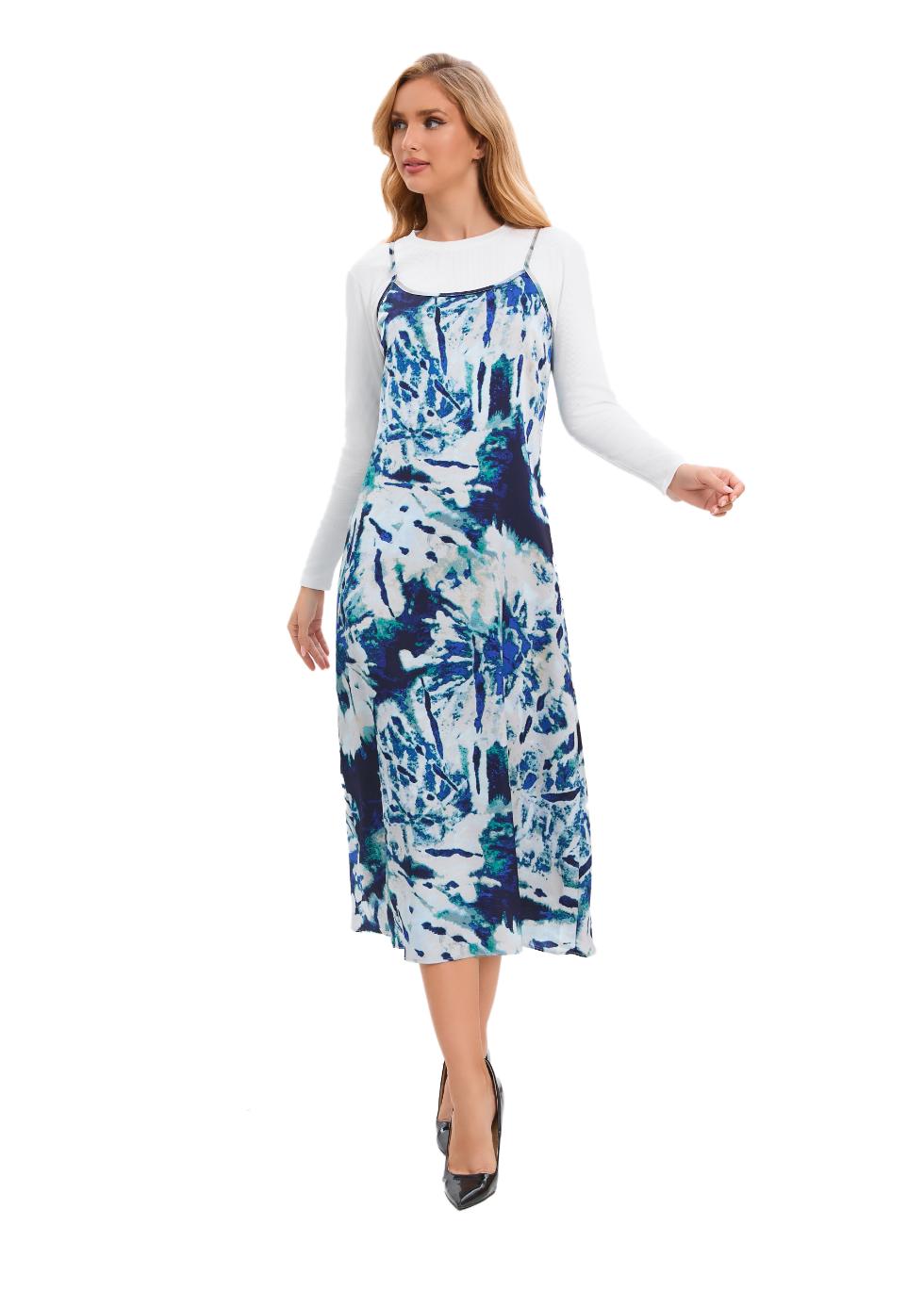 Blue Watercolor Midi Slip Dress Outfit Set