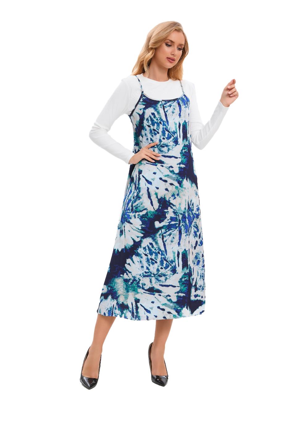 Blue Watercolor Midi Slip Dress Outfit Set