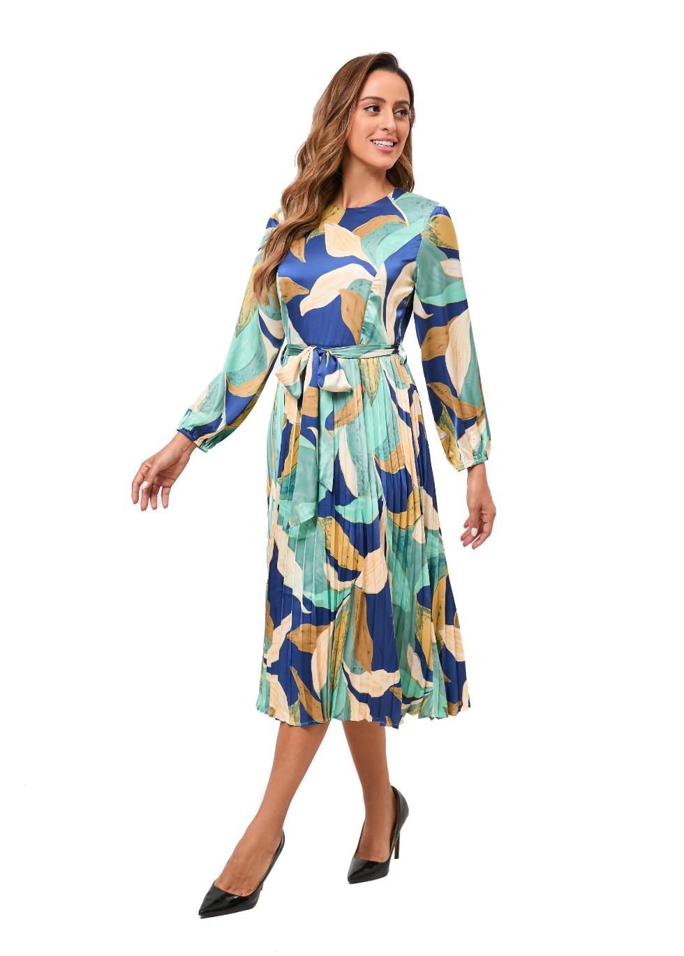 knee length dresses for ladies Feather Print Belted Midi Dress L