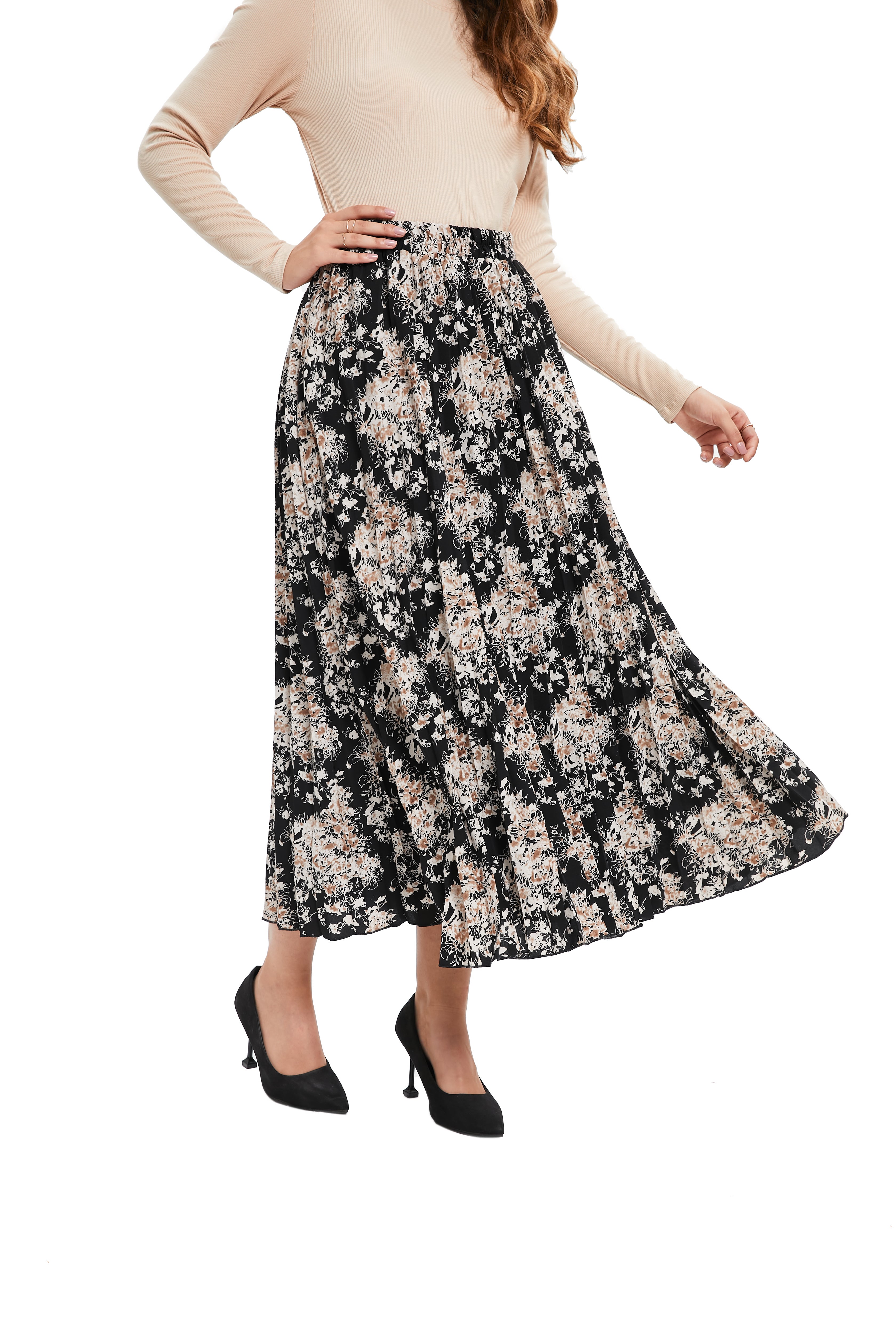 Beige Blossom A-Line Skirt