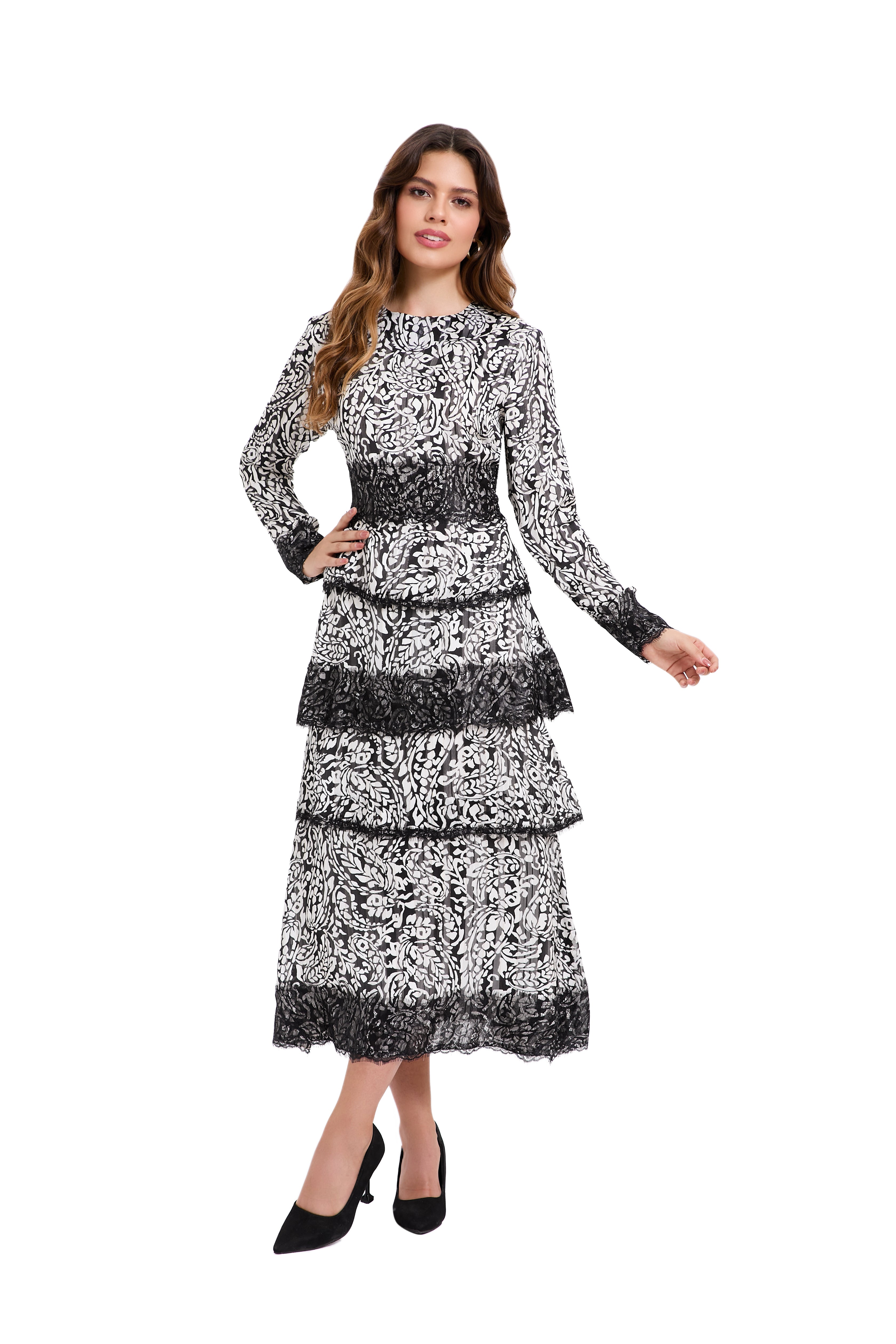 Ink Blossom Tiered Midi Dress - MissFinchNYC