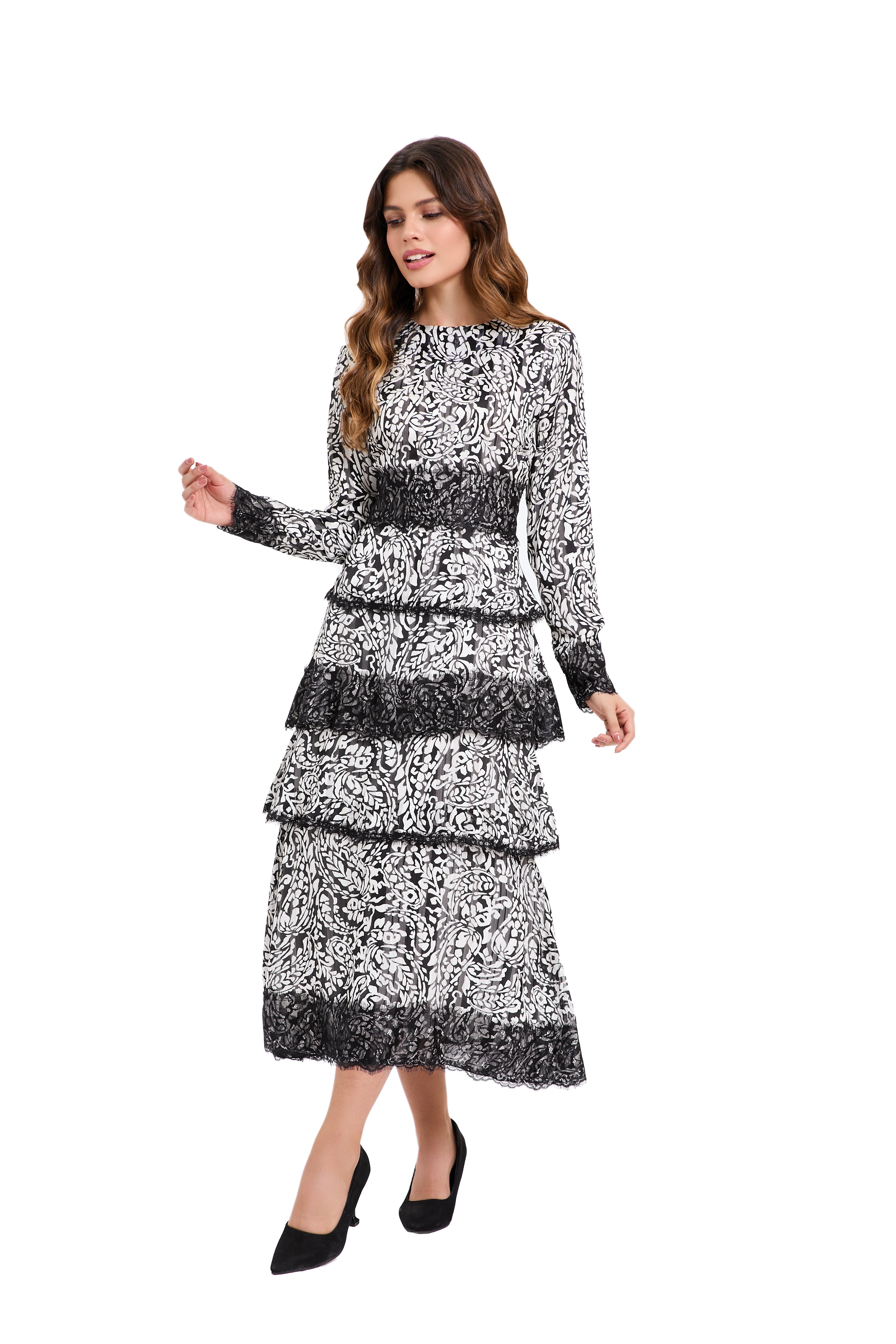 Ink Blossom Tiered Midi Dress - MissFinchNYC