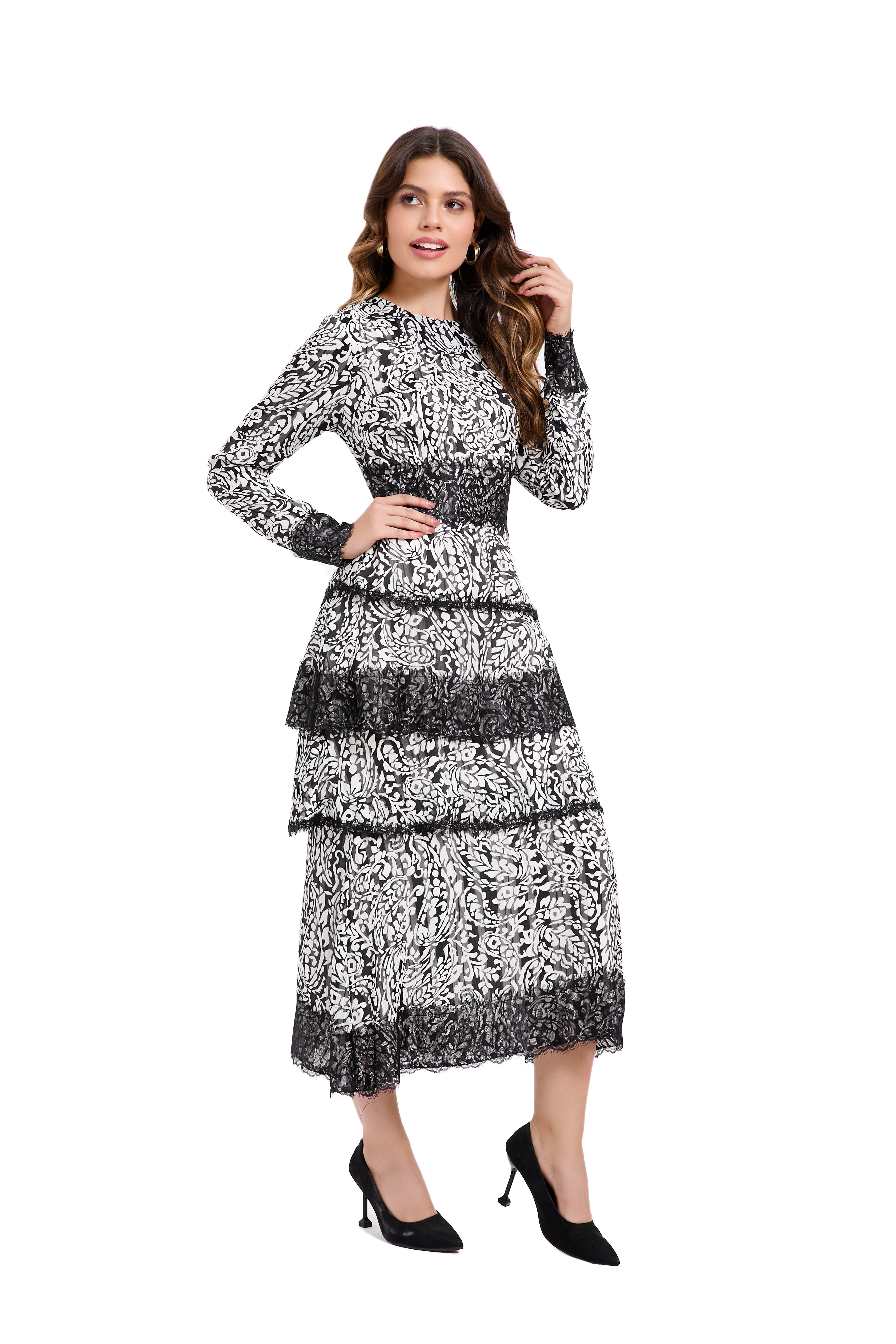 Ink Blossom Tiered Midi Dress - MissFinchNYC