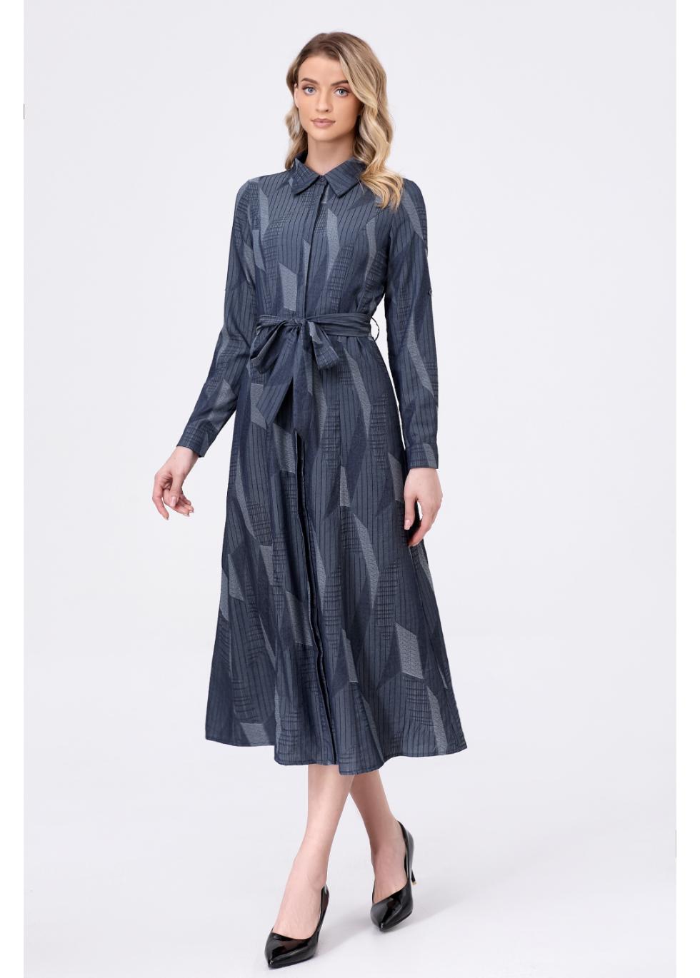 Navy Geometric Belted Dress - MissFinchNYC