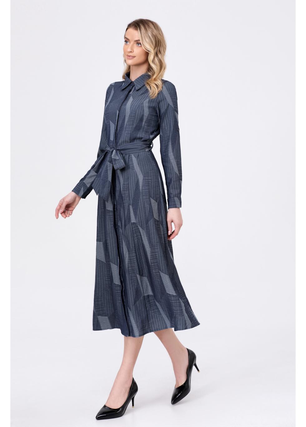 Navy Geometric Belted Dress - MissFinchNYC
